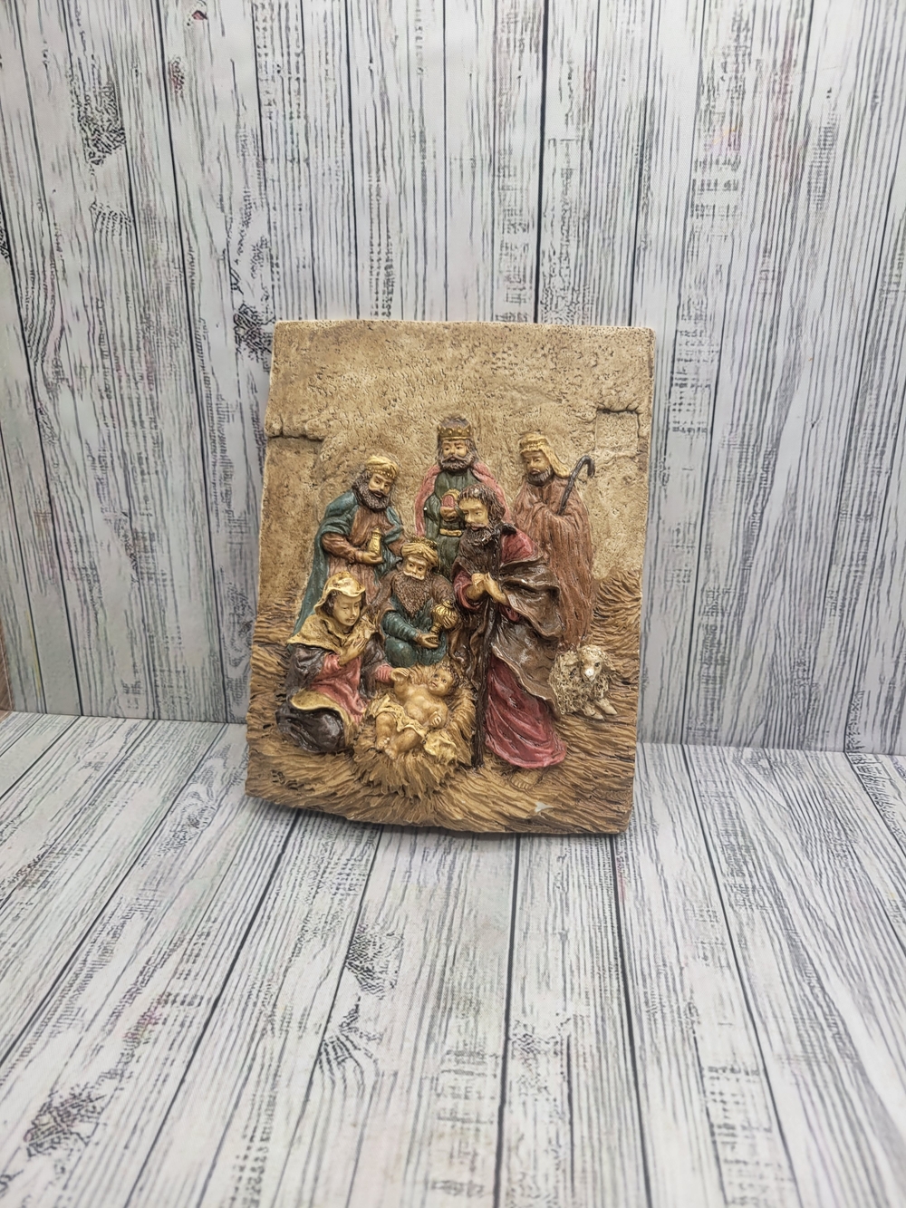 Vintage 3D Resin Nativity Scene Wall Plaque Relief- Holy Family And 3 Wise Men